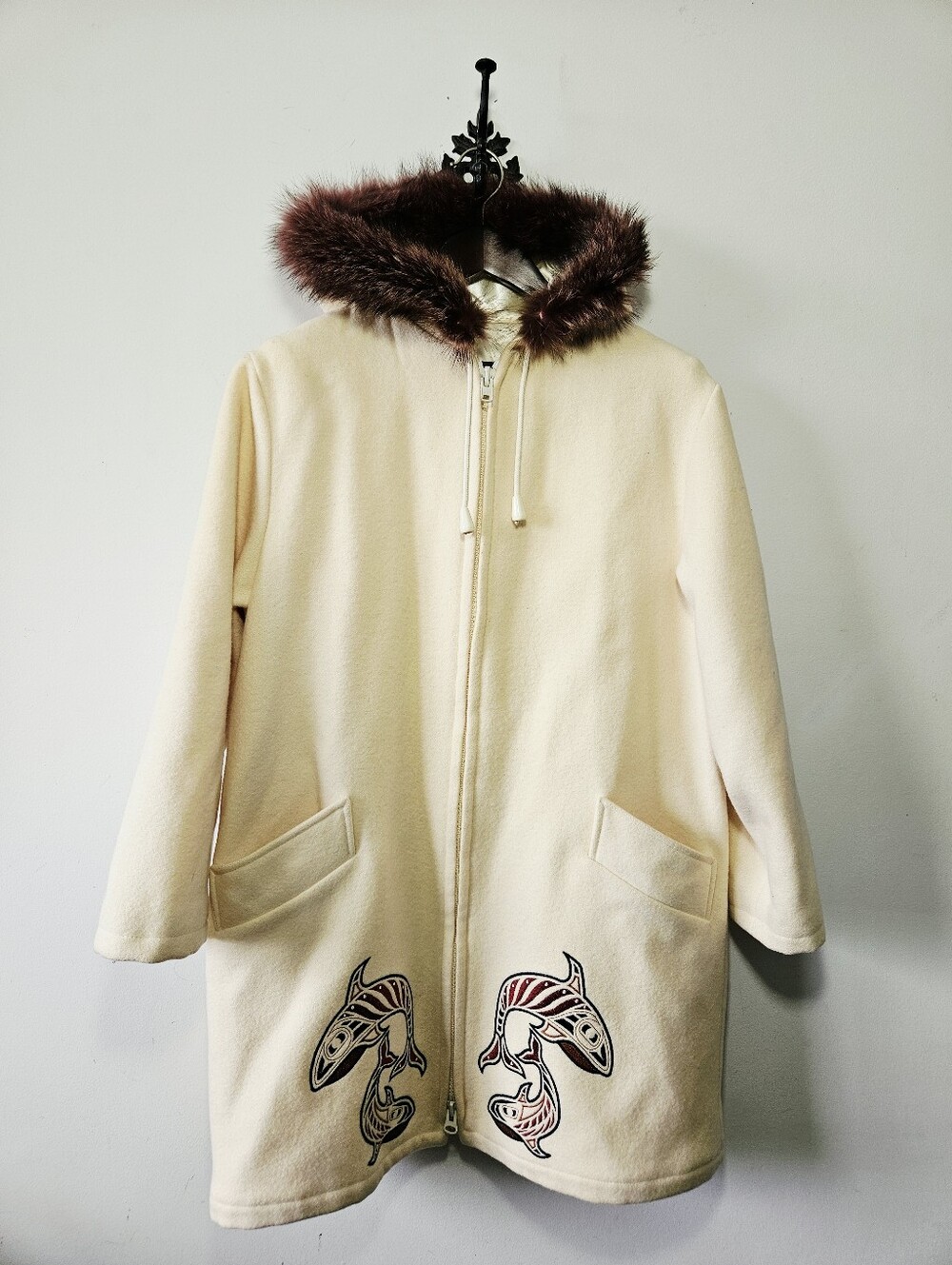Vintage Northern Sun Inuit Parka Size L/XL Whale Orca Embroidered Wool Coat EUC